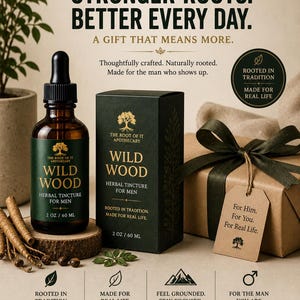May include: An apothecary product display featuring a Wild Wood herbal tincture for men. The image includes a brown glass bottle, a dark green box, and a gift box with a tag. The text reads "Stronger Roots. Better Every Day."