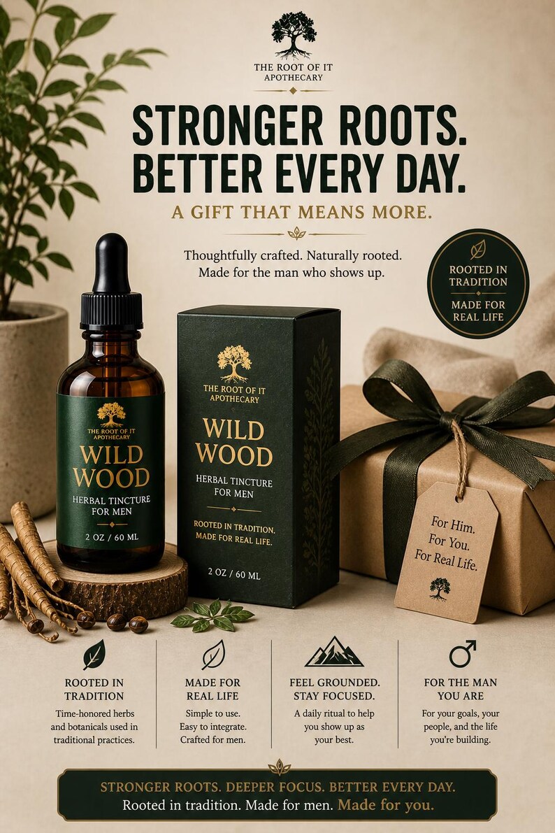 May include: An apothecary product display featuring a Wild Wood herbal tincture for men. The image includes a brown glass bottle, a dark green box, and a gift box with a tag. The text reads "Stronger Roots. Better Every Day."