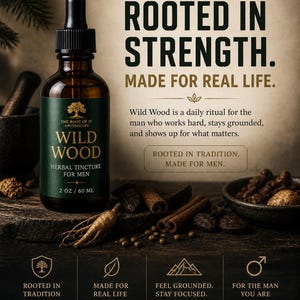May include: A dark amber glass bottle of "Wild Wood" herbal tincture for men, 2 oz / 60 ml, with a black dropper. The label is green and white. The image includes text: "Rooted in Strength. Made for Real Life."