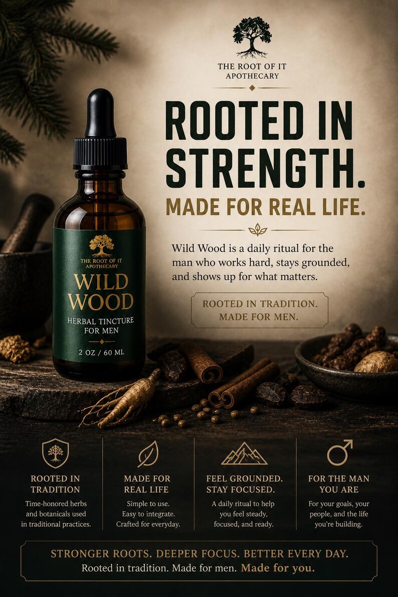 May include: A dark amber glass bottle of "Wild Wood" herbal tincture for men, 2 oz / 60 ml, with a black dropper. The label is green and white. The image includes text: "Rooted in Strength. Made for Real Life."