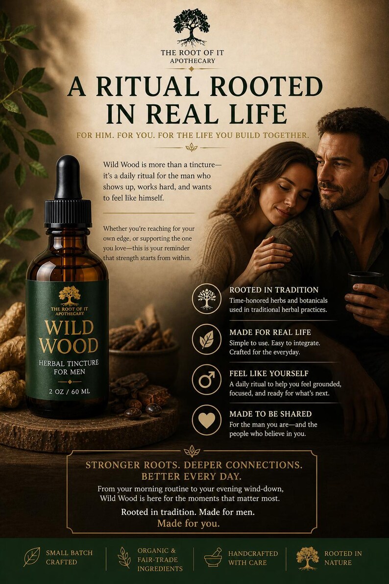 May include: An advertisement for Wild Wood herbal tincture for men. The image features a brown glass bottle with a dropper, a couple, and text that reads "A Ritual Rooted in Real Life." The bottle contains 2 oz / 60 ml of product.