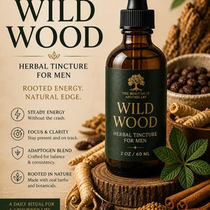 May include: A brown glass bottle of "Wild Wood" herbal tincture for men, with a black dropper, sits on a wooden surface. The label is dark green with white text. The image includes herbs, spices, and the text "Rooted Energy. Natural Edge."