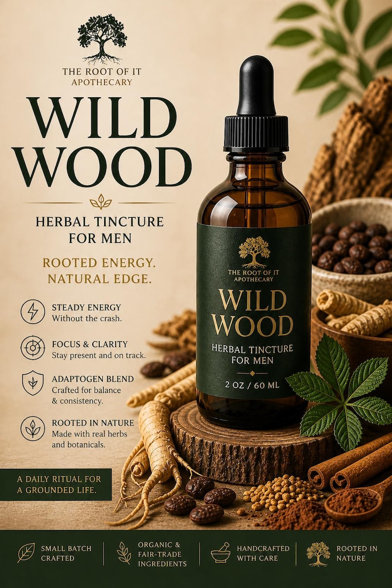 May include: A brown glass bottle of "Wild Wood" herbal tincture for men, with a black dropper, sits on a wooden surface. The label is dark green with white text. The image includes herbs, spices, and the text "Rooted Energy. Natural Edge."