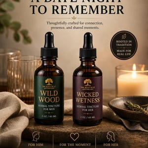 May include: Image of two apothecary bottles labeled "Wild Wood" and "Wicked Wetness" with droppers. The bottles are brown with dark green and purple labels. Text reads "A Date Night to Remember" and "Two Rituals. One Experience. Made to be Shared."