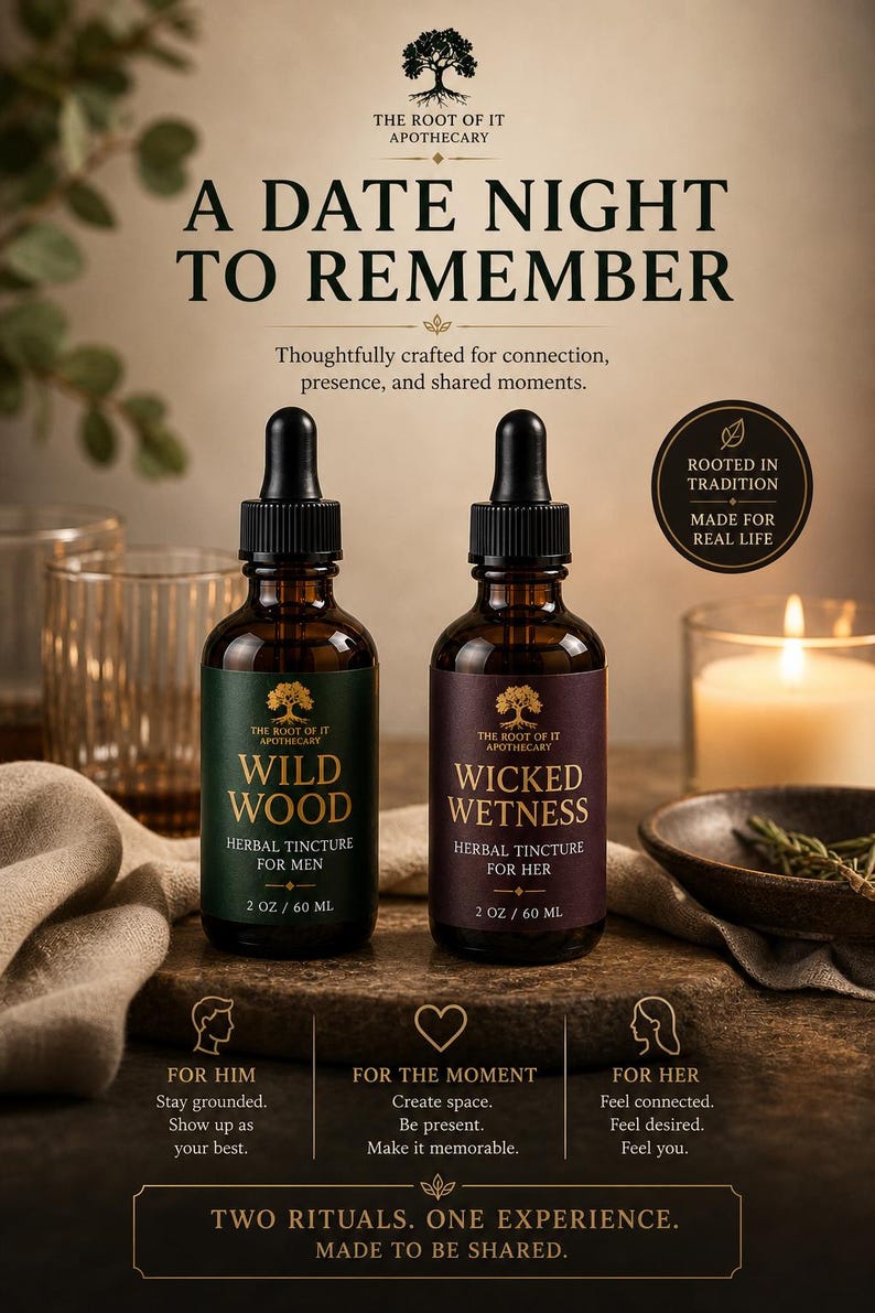 May include: Image of two apothecary bottles labeled "Wild Wood" and "Wicked Wetness" with droppers. The bottles are brown with dark green and purple labels. Text reads "A Date Night to Remember" and "Two Rituals. One Experience. Made to be Shared."