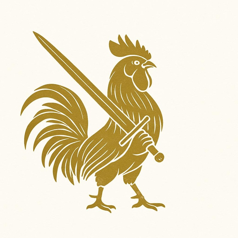 May include: A golden rooster illustration holding a sword. The rooster is depicted in profile, with detailed feathers and a comb. The sword is held in its clawed foot. The background is a solid off-white color.