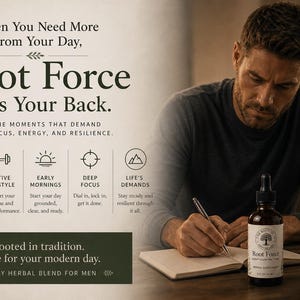 May include: A man writing in a notebook next to a bottle of Root Force herbal blend. The bottle is brown with a white label and a dropper. The text on the label reads "Root Force" and "A Daily Herbal Blend for Men."