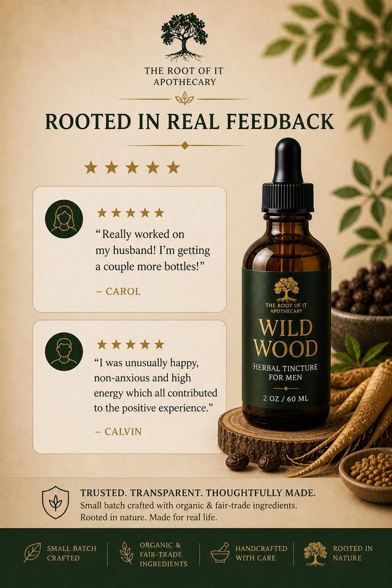 May include: A brown glass bottle of "Wild Wood" herbal tincture for men, 2 oz / 60 ml, with a black dropper, sits on a wooden slice. The label is dark green with gold text. The image includes text about the product.