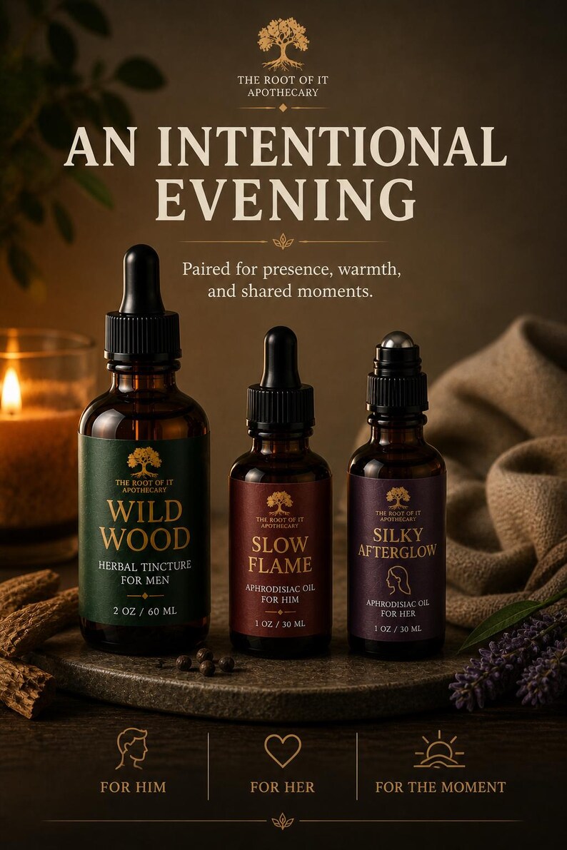 May include: Three apothecary bottles with dark labels and droppers. The bottles are labeled "Wild Wood," "Slow Flame," and "Silky Afterglow." The text "An Intentional Evening" is at the top. The bottles are 2 oz/60 ml, 1 oz/30 ml, and 1 oz/30 ml.