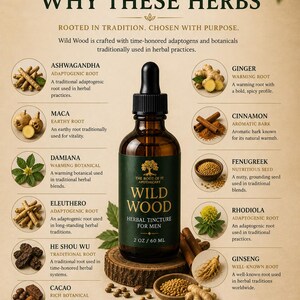 May include: A dark amber glass bottle of "Wild Wood" herbal tincture for men, with a dropper. The label features the brand name and product details. The image also includes illustrations of various herbs and the text "Why These Herbs".