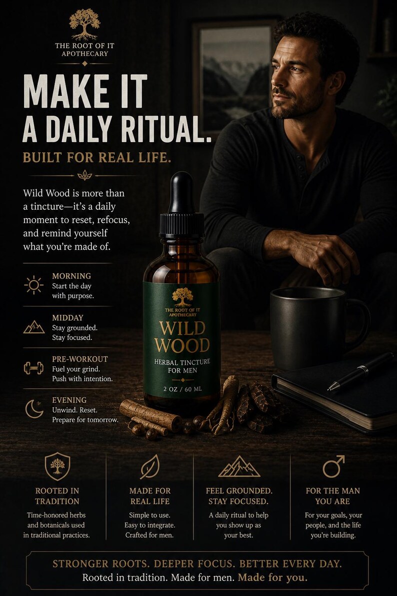 May include: A dark amber glass bottle of "Wild Wood" herbal tincture for men, with a black dropper, sits on a wooden surface. The label is green and gold. The image includes text about daily rituals and the product's benefits.
