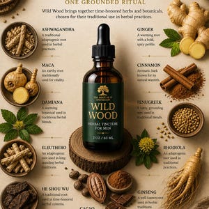 May include: An apothecary product advertisement featuring a Wild Wood herbal tincture for men. The image showcases 11 powerful ingredients, including ashwagandha, ginger, and cacao, with text descriptions and illustrations of each.