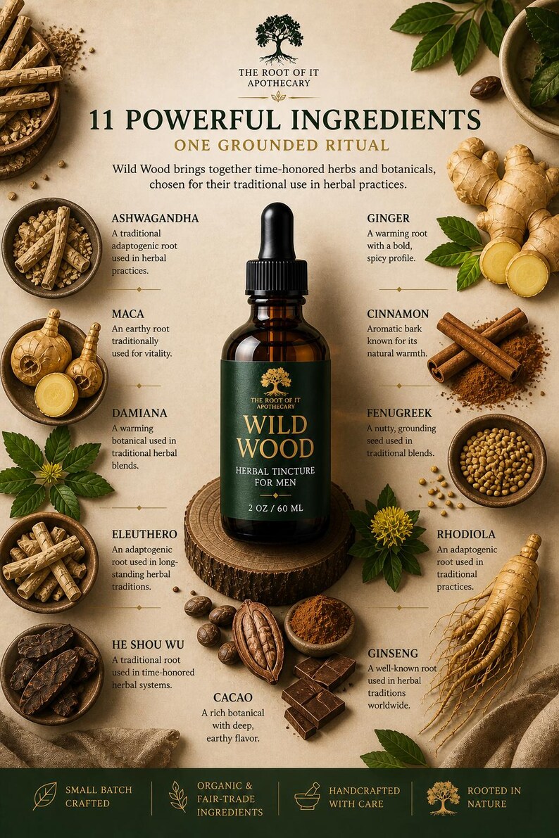 May include: An apothecary product advertisement featuring a Wild Wood herbal tincture for men. The image showcases 11 powerful ingredients, including ashwagandha, ginger, and cacao, with text descriptions and illustrations of each.