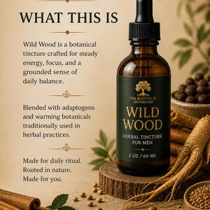 May include: A brown glass bottle of "Wild Wood" herbal tincture for men, with a black dropper, sits on a wooden base. The label includes text and a tree logo. The image also shows ginseng and cinnamon sticks.