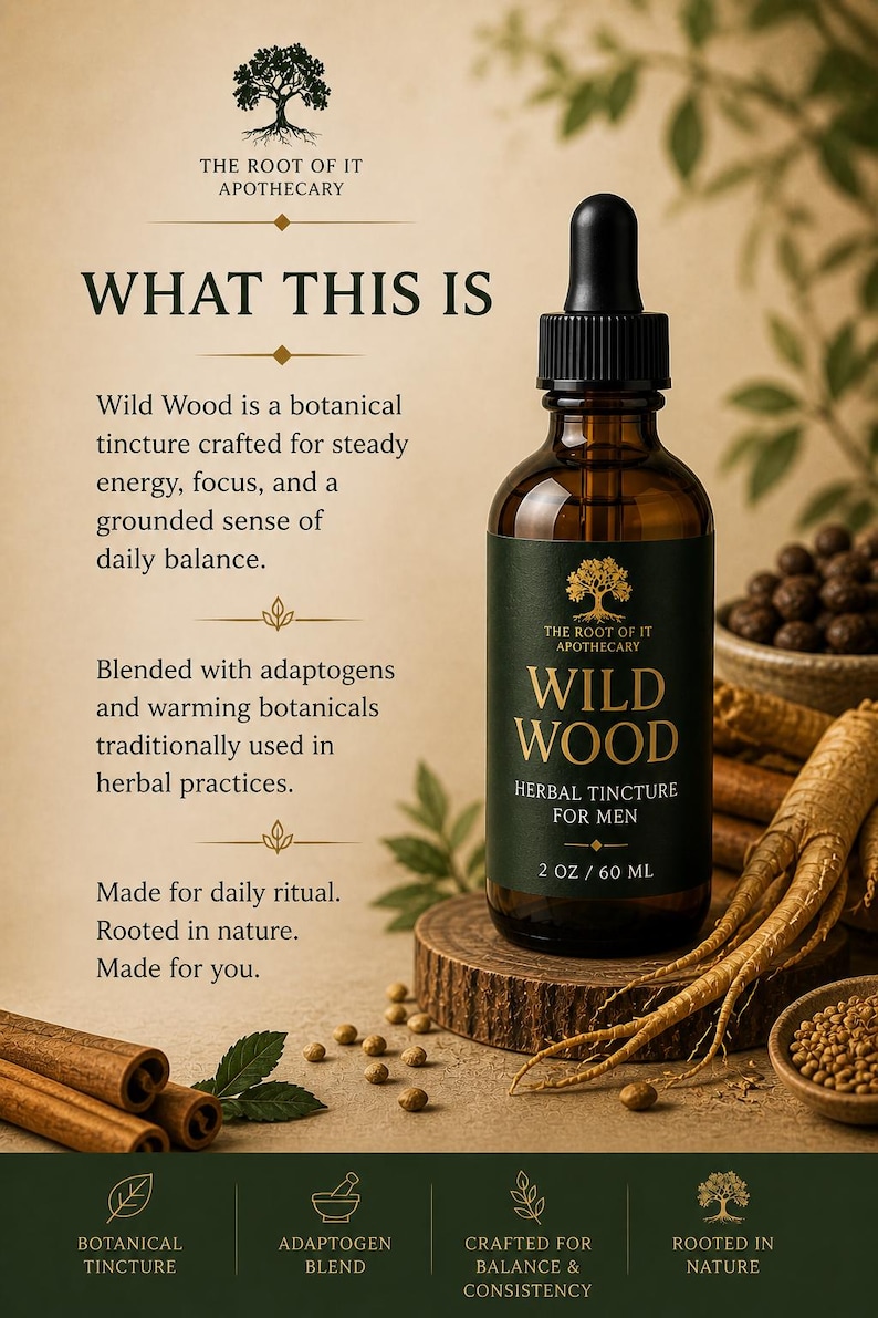 May include: A brown glass bottle of "Wild Wood" herbal tincture for men, with a black dropper, sits on a wooden base. The label includes text and a tree logo. The image also shows ginseng and cinnamon sticks.