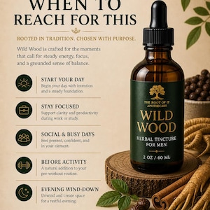 May include: A brown glass bottle of "Wild Wood" herbal tincture for men, 2 oz / 60 ml, with a black dropper. The label is dark green with white text. The image includes text about daily rituals and ingredients.