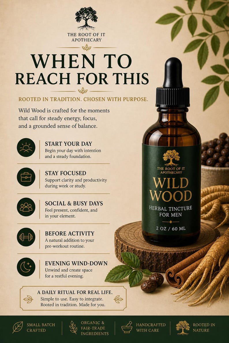 May include: A brown glass bottle of "Wild Wood" herbal tincture for men, 2 oz / 60 ml, with a black dropper. The label is dark green with white text. The image includes text about daily rituals and ingredients.