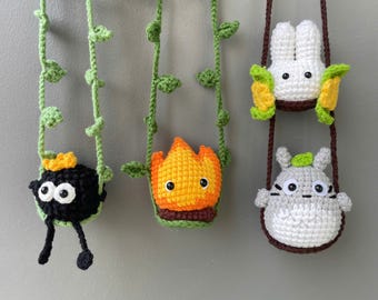 Crochet Ghibli Car Hanging, Amigurumi Anime Car Charm, Cute Rearview Mirror Decor, Handmade Plush Accessory, Fan Gift for Her, Girl, Him