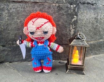 Crochet Chucky Halloween Doll, Handmade Creepy Horror Amigurumi Plush, Spooky Cute Killer Doll, Scary Movie Collectible Gift for Friend