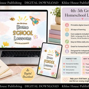 Könnte beinhalten: Ein digitaler Download für Homeschooling-Lektionen der 4. bis 5. Klasse, angezeigt auf einem Laptop- und Tablet-Bildschirm. Das Lehrmaterial enthält bunte Illustrationen einer Biene, einer Rakete und eines Schmetterlings sowie Text, der 30 Tage Lernen, Kernfächer und eine tägliche Struktur beschreibt.