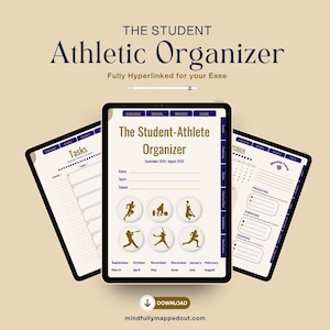 以下が含まれることがあります： ネイビーブルーとベージュのデザインのタブレット上のデジタル学生アスリートオーガナイザー。テキストは「The Student Athletic Organizer」と「Fully Hyperlinked for your Ease」と表示されています。タスク、月間目標、スポーツアイコンのセクションが含まれています。