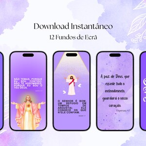 以下が含まれることがあります： 宗教をテーマにした12個の携帯電話用壁紙のデジタルダウンロード。各壁紙には、インスピレーションを与える引用句と、イエス・キリスト、十字架、鳩の画像が紫色のグラデーションの背景に表示されています。「Download Instantâneo」というテキストが上部にあります。