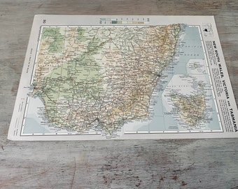 VINTAGE Map of the Tasmania, Victoria and New South Wales.  Vintage home / vintage decor.