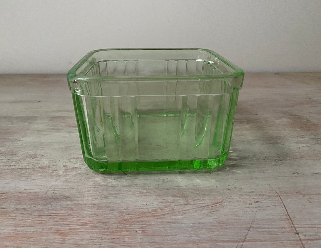 Square VINTAGE Green Glass Butter Dish. My Vintage Home / Etsy