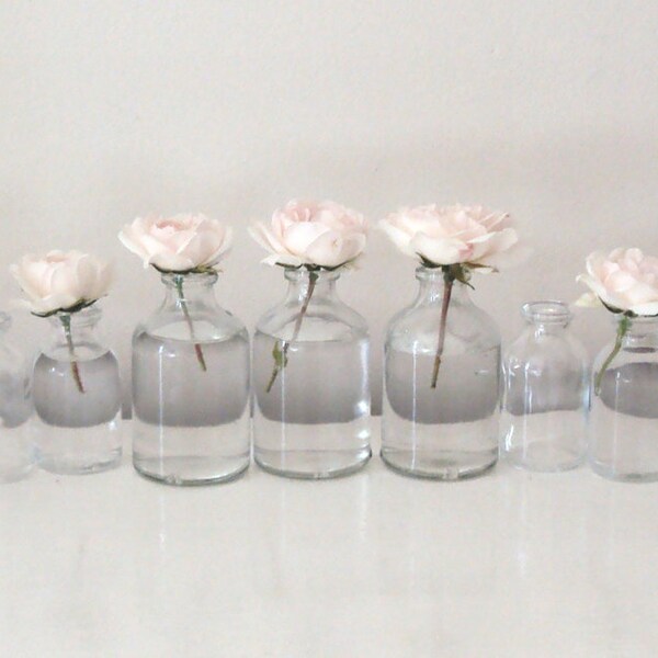 Thirteen upcycled mini mini milk bottles.Great for weddings.Four sizes