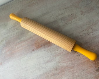 VINTAGE Retro wooden rolling pin with wonderful bright yellow handles. Rustic / Vintage kitchen