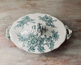 Rare ANTIQUE Teal Blue Transferware CLIFTON, Johnson Bros, England tureen, complete with lid in the large size.
