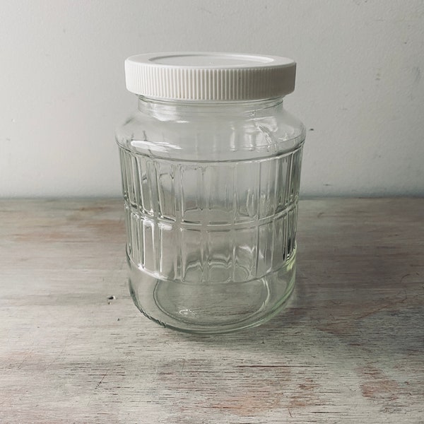 Vintage White Lidded Glass storage jar.  Vintage storage / display jar. My Vintage home.