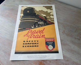 Vintage Travel Poster / Travel by Train, Canadian Pacific, Railway Lines.