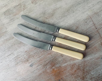 Three VINTAGE, ENGLISH, "DURACUT", Sheffield, high quality Bone Handle Knives.  My vintage home.