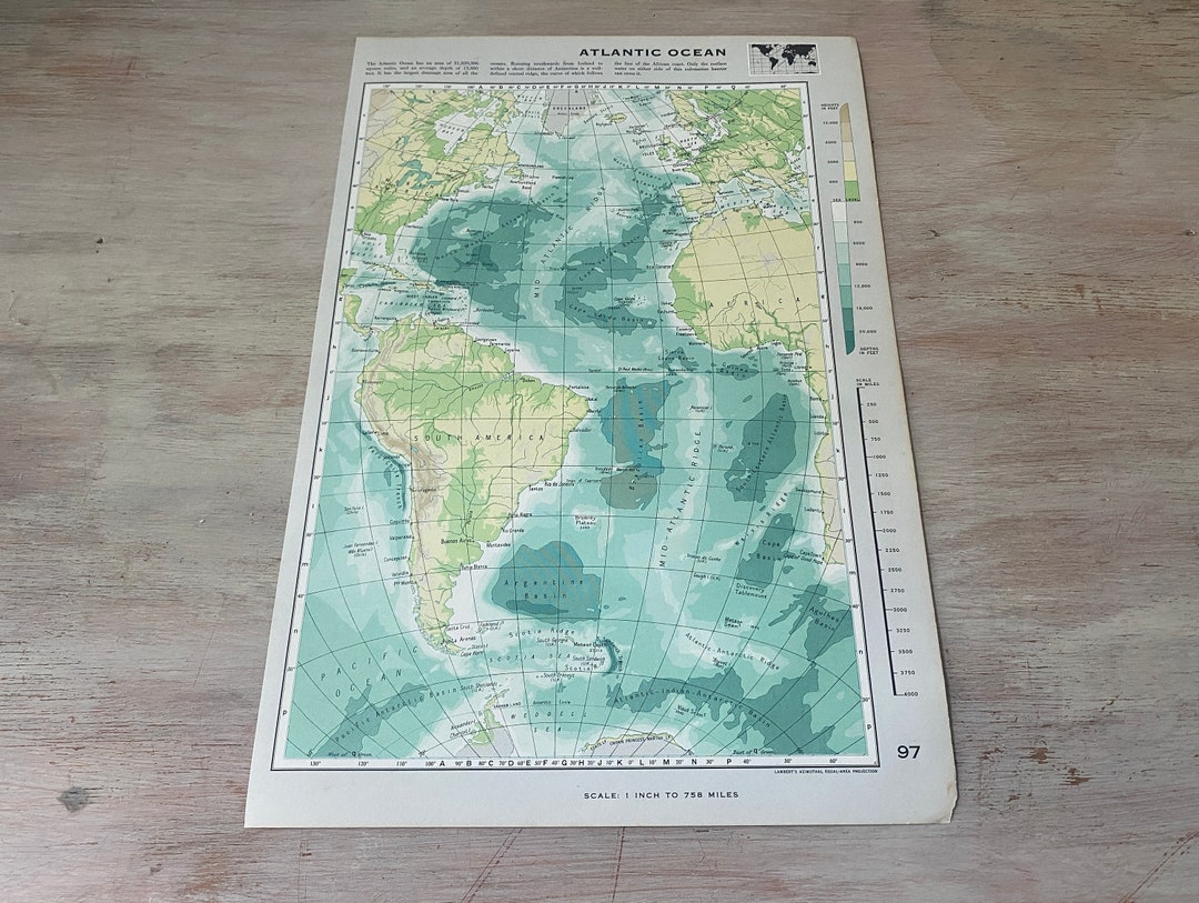 Fabulous VINTAGE Map of the ATLANTIC OCEAN. Vintage Home / - Etsy