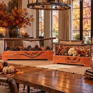 May include: Two rectangular orange wooden boxes with carved jack-o'-lantern faces and twig handles. The larger box is filled with pinecones and small pumpkins, while the smaller box contains a cluster of dried autumn flowers and foliage.