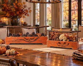 Rustic Wooden Halloween Potting Tray | Reclaimed Wood Fall Decor | Jack-O’-Lantern Planter | Autumn Home Decor