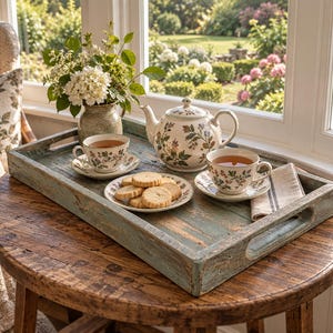 May include: A rustic, weathered blue-green wooden serving tray holding a ceramic teapot, two matching teacups on saucers, a small plate of round shortbread cookies, and a vase filled with white hydrangea flowers and green foliage.