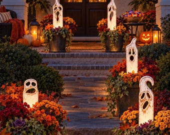 Halloween Ghost Yard Stakes, Reclaimed Wood Garden Decorations, Rustic Distressed White Outdoor Decor – Fencepost Ghosts