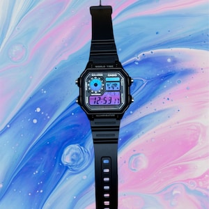 Custom Casio AE1200 Modified Casino Royale Cosmic Drift Brand New Modded Color Filtered LCD Screen Custom Casio World Timer Modified Casio