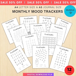 MONTHLY Mood Trackers Bundle - Printable Mood Tracker for journal, Monthly, Daily Mood Log, Minimalist Mood Tracker - A4 & A5 size Bundle D