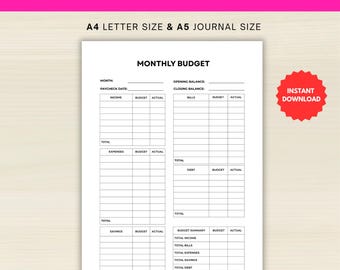 Monthly Budget Tracker PRINTABLE - Money Tracker - Monthly Budget Planner - Expense Tracker & Savings Planner - Finance Planner - A4/A5