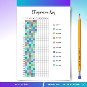 Può includere: Un registro della temperatura stampabile con una colonna colorata e a motivi per il monitoraggio quotidiano della temperatura. Il registro include una chiave per gli intervalli di temperatura da 10-19°F a 100°F. Una matita gialla con la scritta "BLOOM JOYFULLY STUDIO" è a destra.