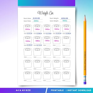 May include: A white printable weight loss tracker with the title "Weigh In". The tracker includes spaces to record start and goal dates and weights, with a series of scale illustrations for tracking progress. A yellow pencil is on the right.