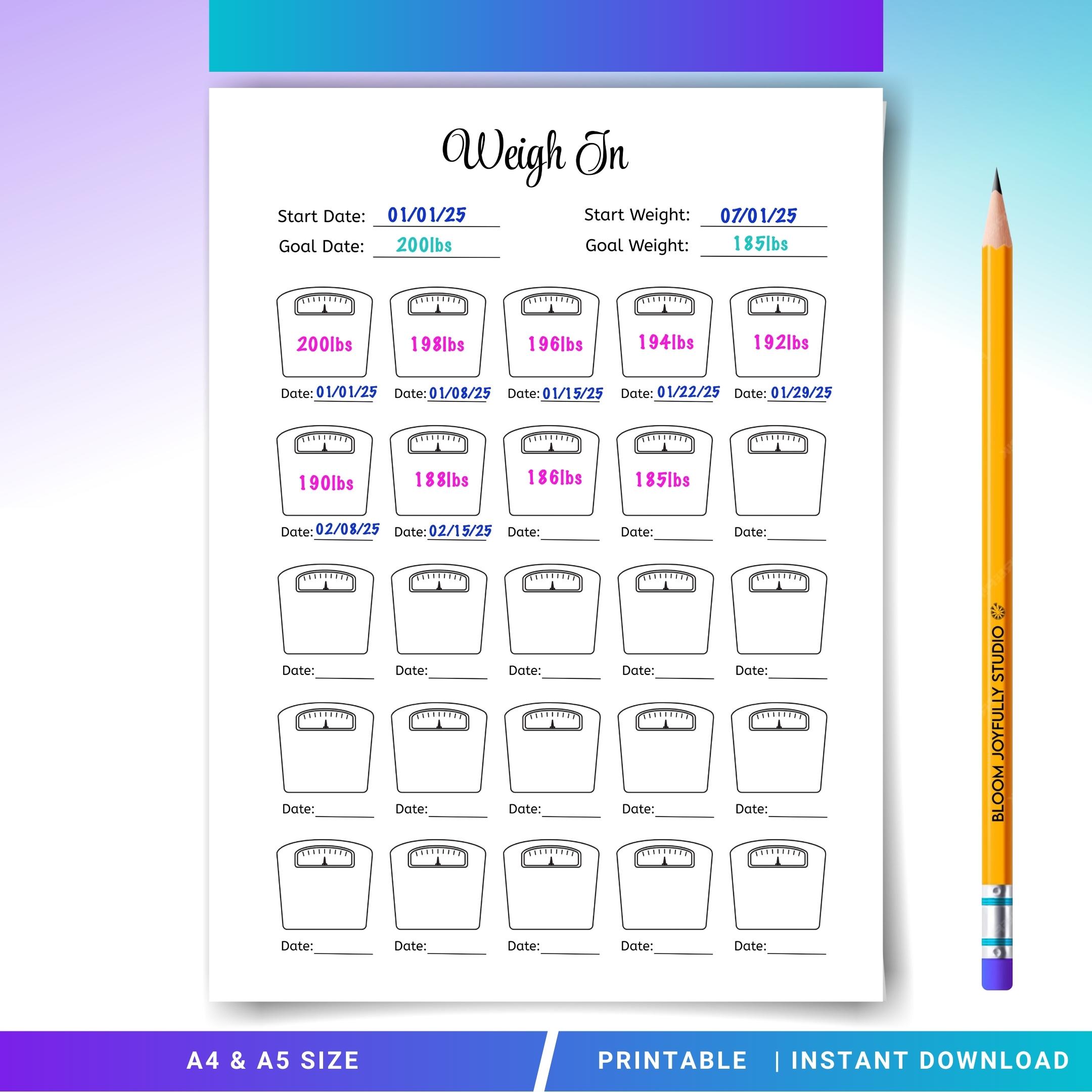 Weight Tracker PRINTABLE - Weigh-in Log - Weight Loss Planner - Fitness
