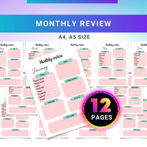 Op de afbeelding: Een set van 12 maandelijkse plannerpagina's in A4- en A5-formaat. Elke pagina heeft een roze en teal ontwerp, met secties voor doelen, lessen en uitdagingen. De titel "Monthly Review" staat bovenaan elke pagina.