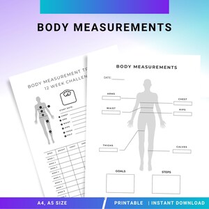 Puede incluir: Dos páginas imprimibles blancas con el texto "BODY MEASUREMENTS" en la parte superior. Una página tiene una tabla corporal con puntos de medición. La otra página tiene una tabla de desafío de 12 semanas. El texto "A4, A5 SIZE" y "PRINTABLE | INSTANT DOWNLOAD" está en la parte inferior.
