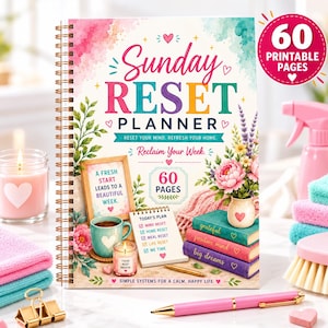 Puede incluir: Un planificador de espiral Sunday Reset Planner con una cubierta floral colorida que incluye el texto Sunday Reset Planner, Reclaim Your Week y 60 Pages. La cubierta muestra ilustraciones de una taza de café, una vela, libros y una libreta.
