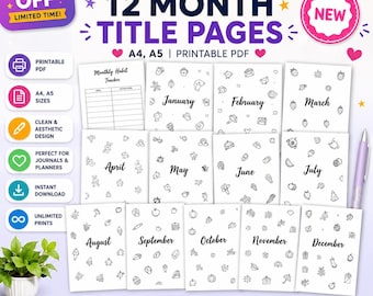 12 Month Title Pages - Printable journal page - PRINTABLE TITLE PAGE - Printable Planner- Cover Page - Mindful cute Title Page - Bundle A