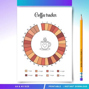 Può includere: Un tracker di caffè stampabile con un design circolare, con una grafica a tazza di caffè e un sistema a colori per monitorare il consumo giornaliero. Il testo "Coffee tracker" è in alto. Una matita gialla è sul lato destro. Il testo in basso dice "A4 & A5 SIZE" e "PRINTABLE | INSTANT DOWNLOAD".